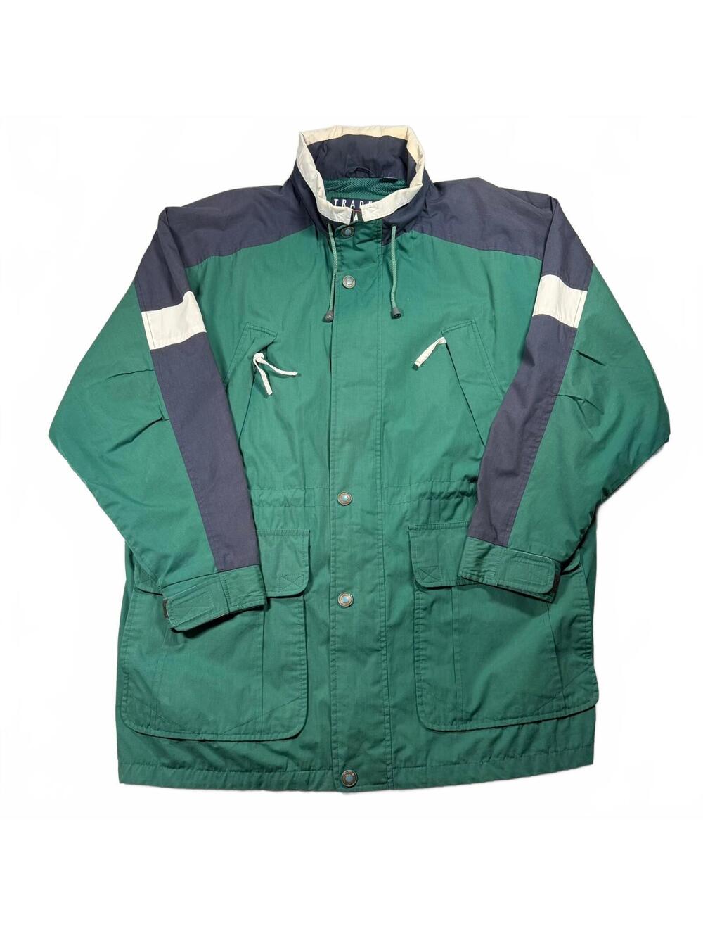 Vintage 90s Trader Bay Color Block Parka Jacket Green Navy Mens L Hooded